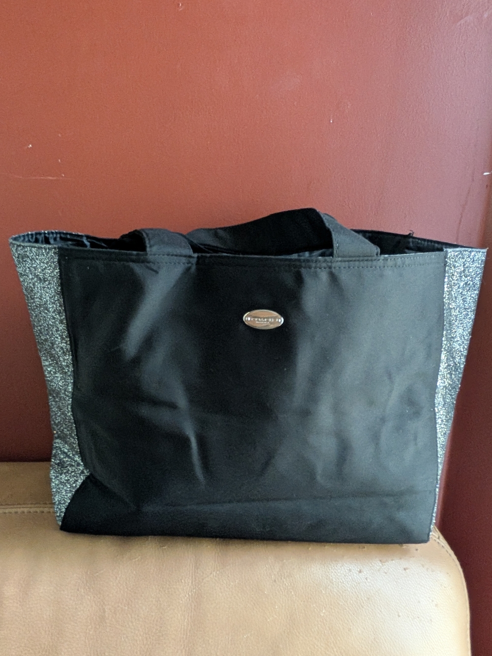 Coach Black Tote with Silver Glitter Side Panels